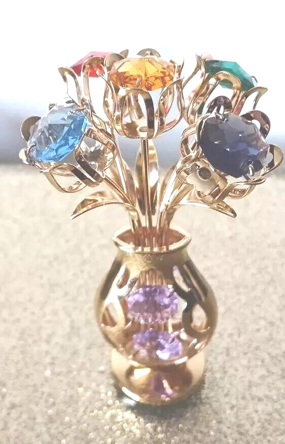 Vtg Miniature Austrian Crystal 24K Gold Plated Flowers Vase Figurine Signed HTF