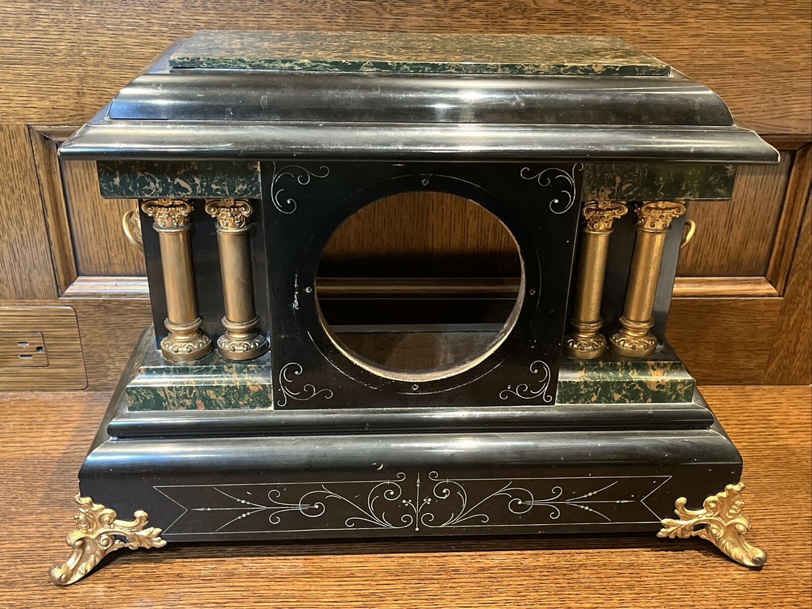 Antique Seth Thomas Faux Marble Wood Adamantine Lion Column Mantle Clock Case (K
