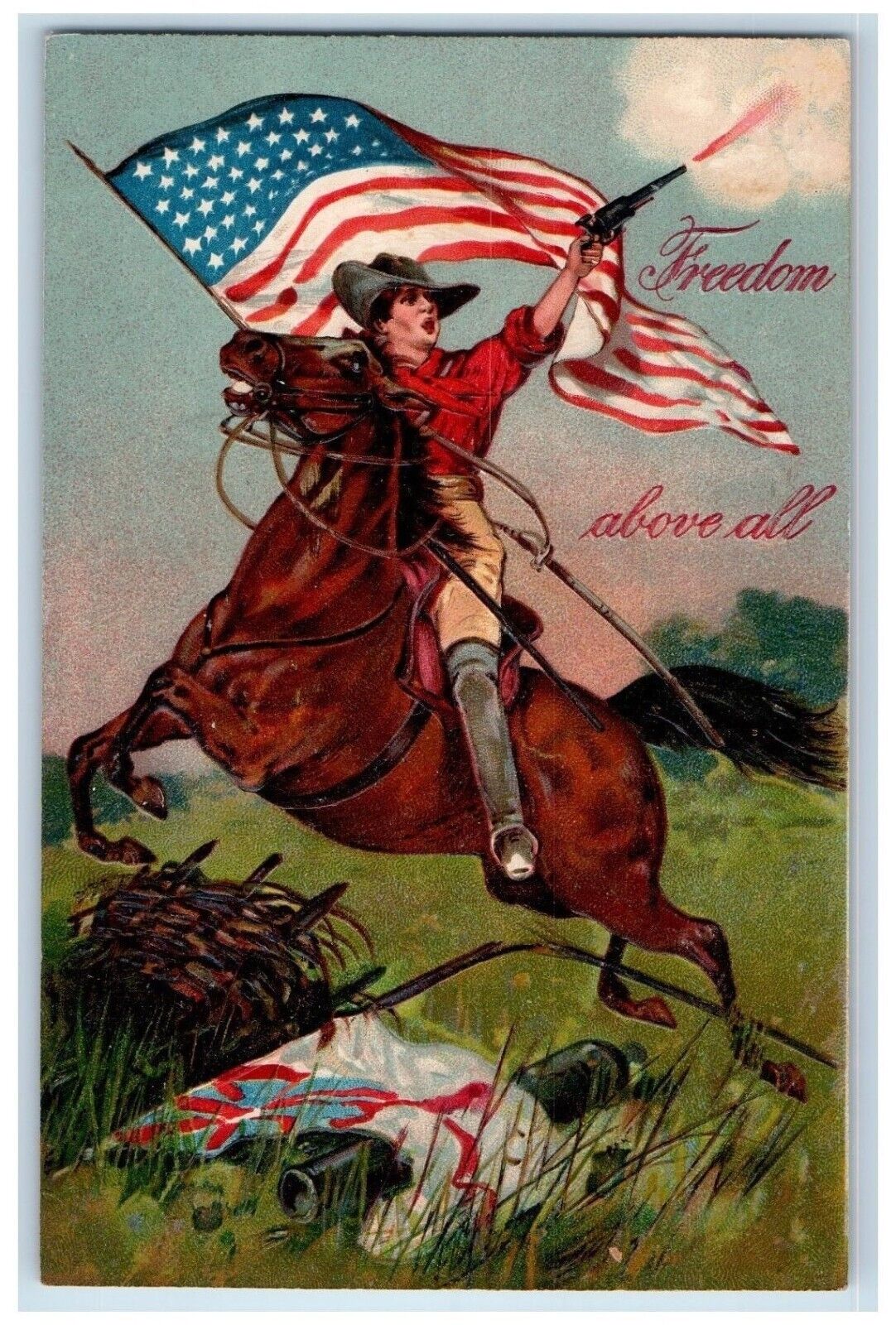 1908 American Revolution Patriotic Soldier Embossed American Flag Postcard