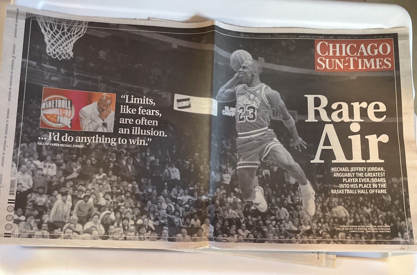 CHICAGO BULLS newspaper NBA MICHAEL JORDAN Sun-Times RARE AIR MJ HOF WRAPAROUND