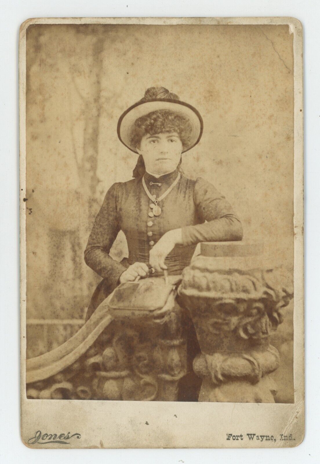 Antique Circa 1880s ID'd Cabinet Card Beautiful Woman Wearing Hat Fort Wayne, IN