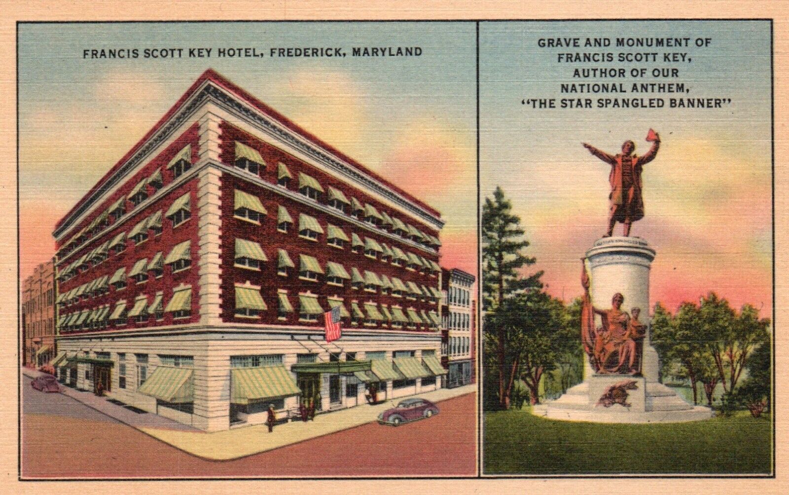Postcard MD Frederick Francis Scott Key Hotel Grave Linen Vintage PC H8715