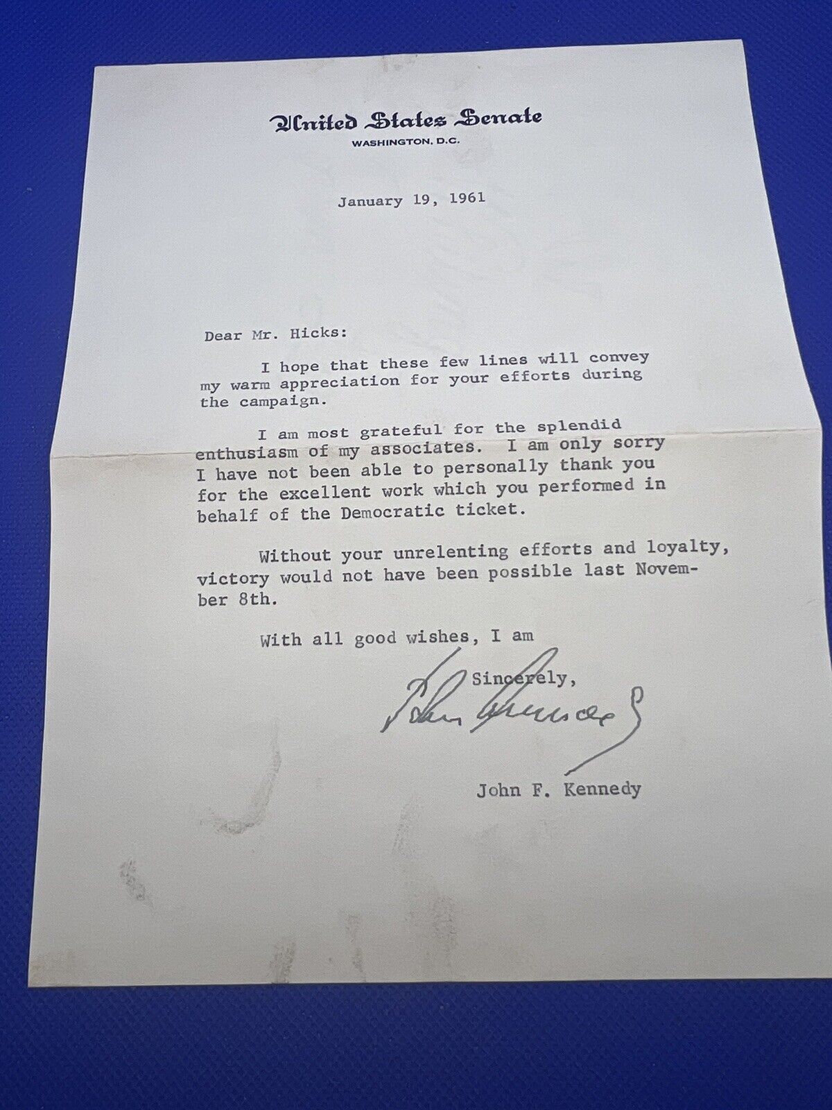 John F Kennedy - 1961 Typed Thank You Letter Signed - LINEN SIGNED, W/ENVELOPE