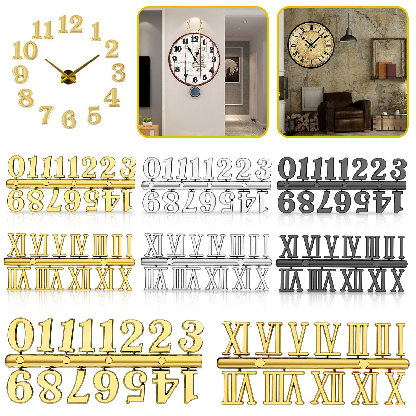6pcs Wall Clock Numerals Kit Roman Digital Arabic Numbers DIY Repair Art Decor