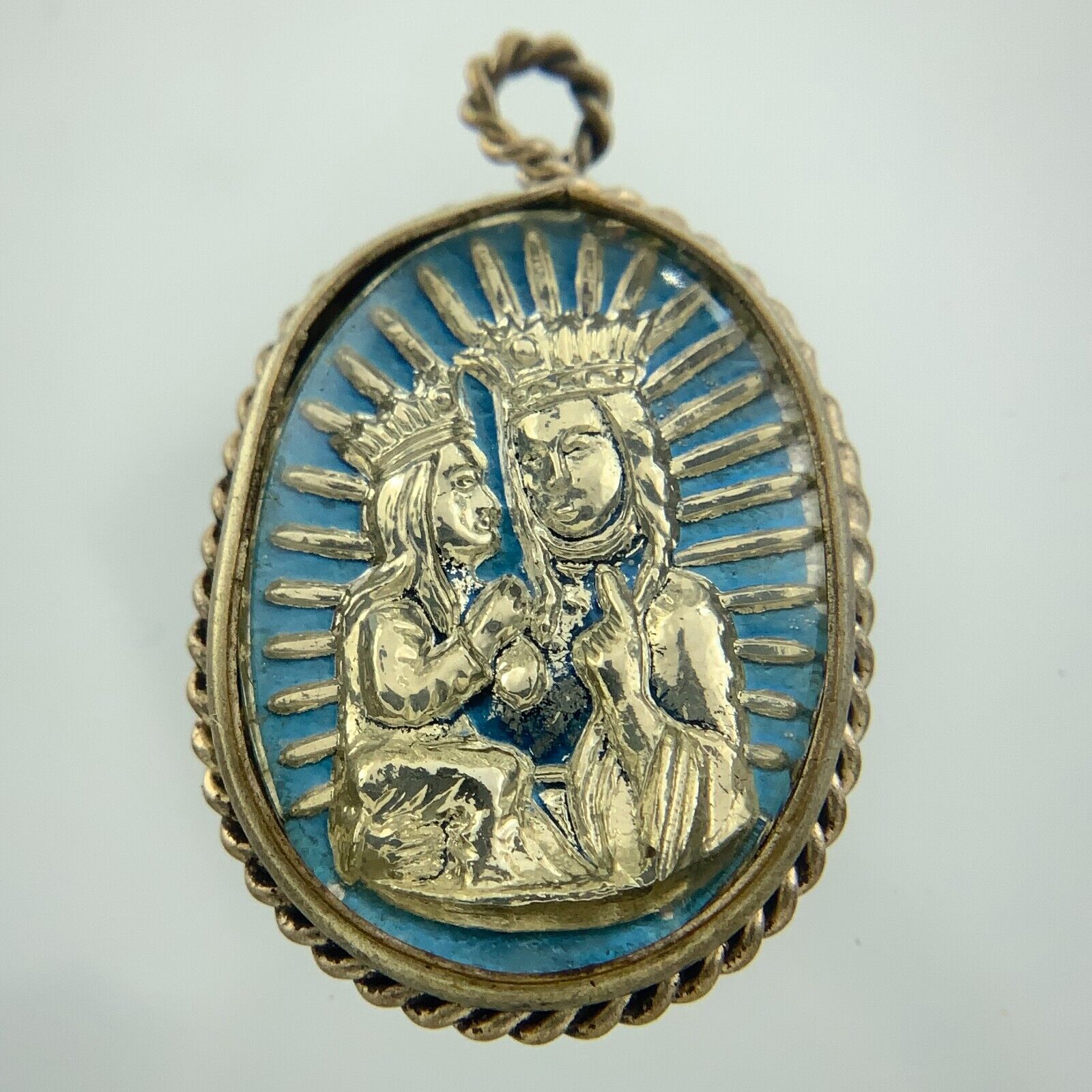 Vintage Virgin Mary and Jesus Heart Blue Mercury Glass Pendant FF621