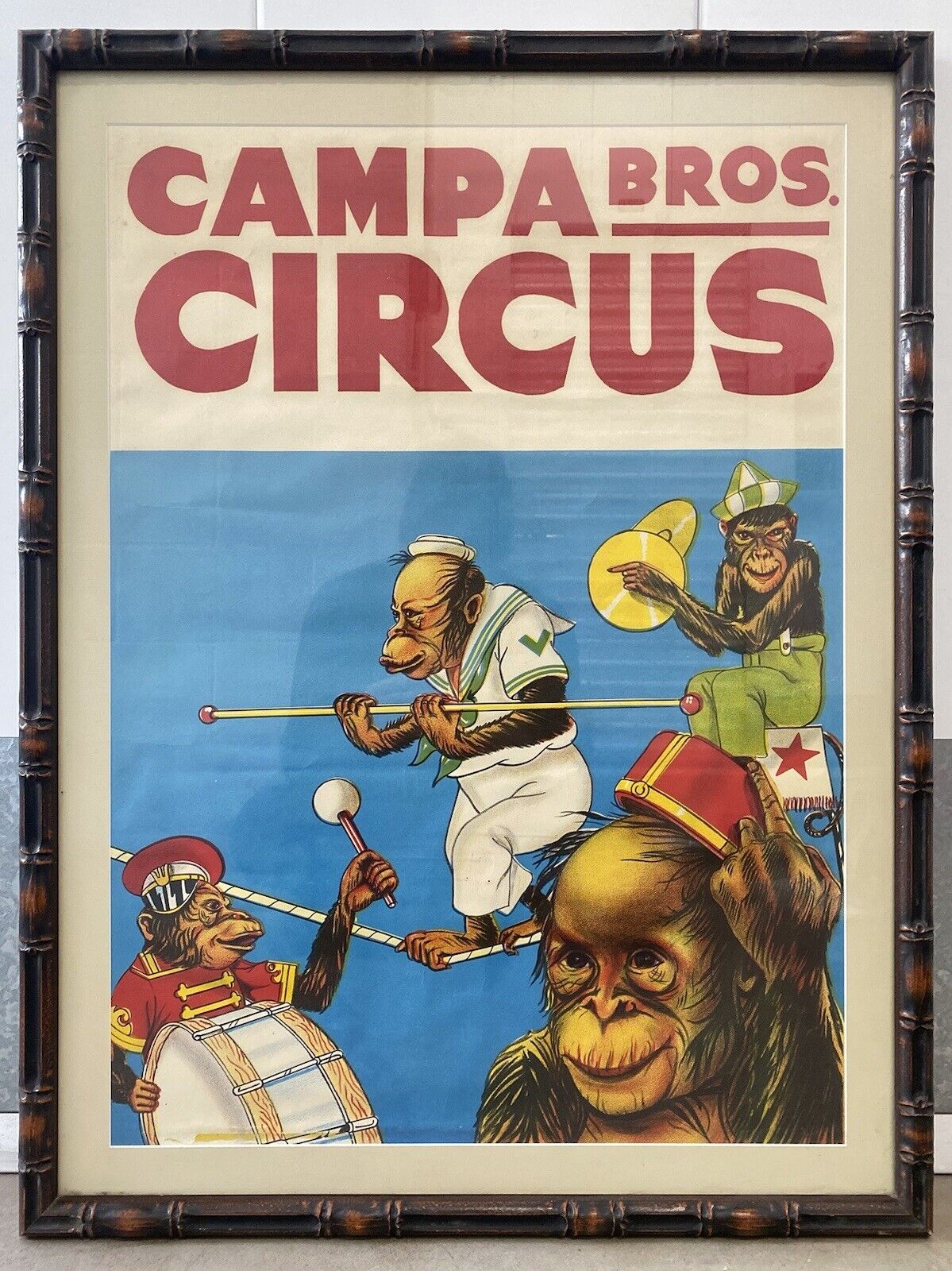 🔥 RARE Original Vintage CAMPA BROS Circus Monkeys Lithograph Poster, 1950s