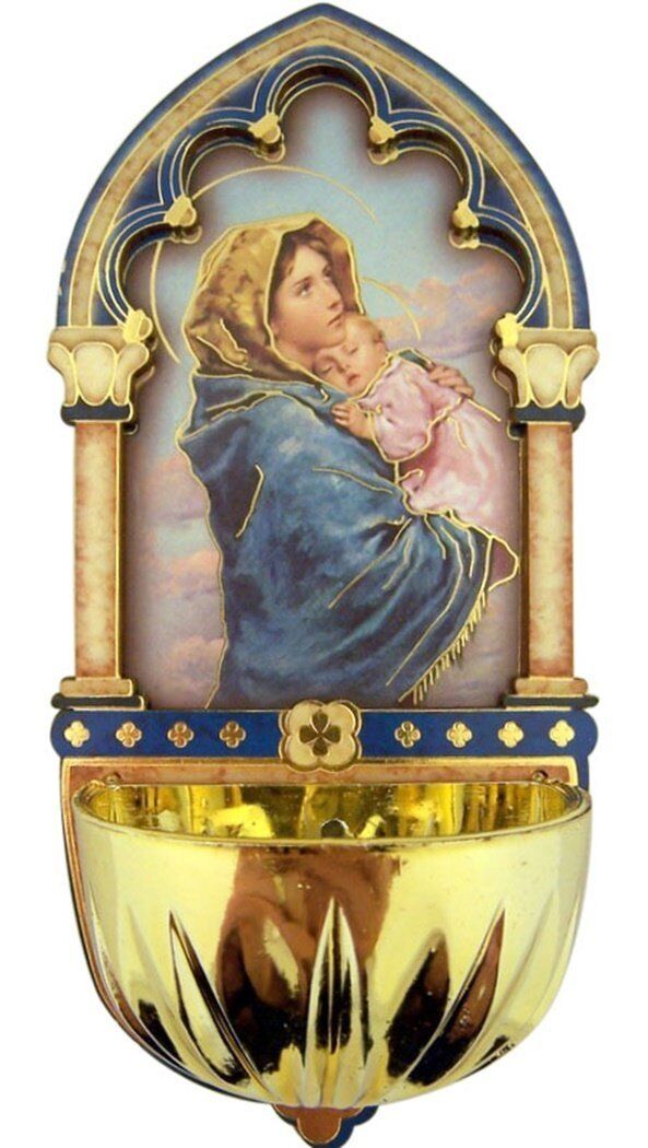 Madonna of the Streets Gold Embossed Laser Cut Wood Holy Water Font, 5 Inch