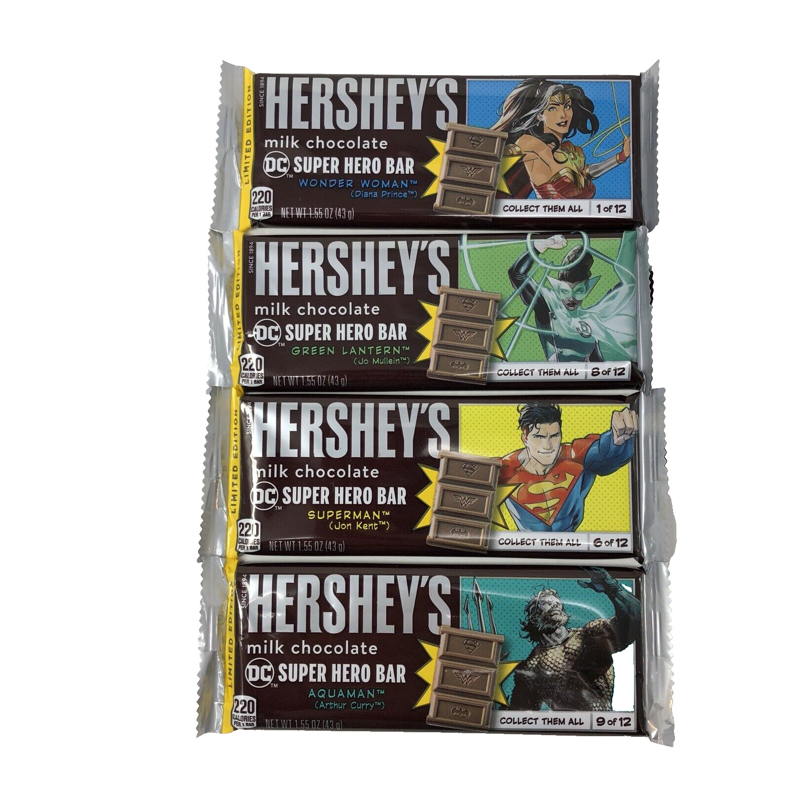 4 Limited Edition Full Size Hershey's Milk Chocolate DC Superheroes bars 06/2024