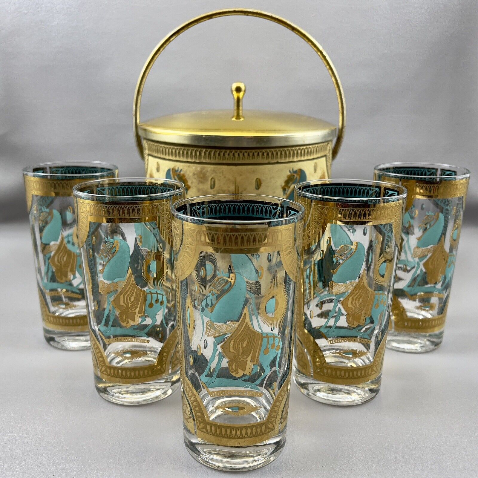 Vintage MCM Fred Press Horses Ice Bucket & 5 Glasses 1950\'s Barware Turquoise