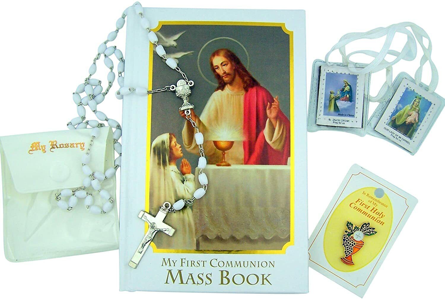 Religious Gifts Girl First Communion Gift Set with Missal, Rosary, Lapel Pin