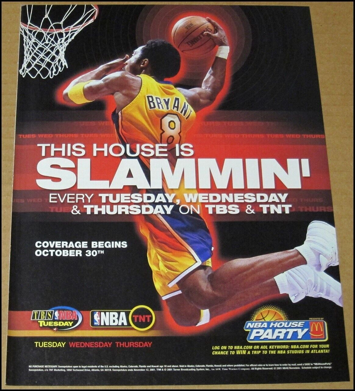 2001 Kobe Bryant NBA on TNT TBS Print Ad Advertisement Los Angeles Lakers