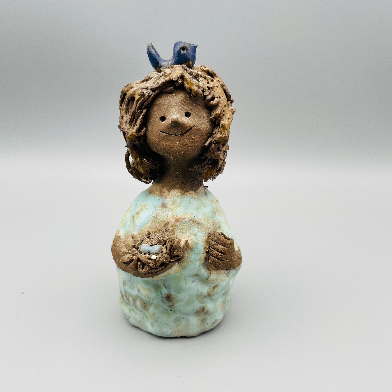 VTG HTF 1971 Audrey Nelson Weed People Fired Clay Sculpture - Girl with Bluebird