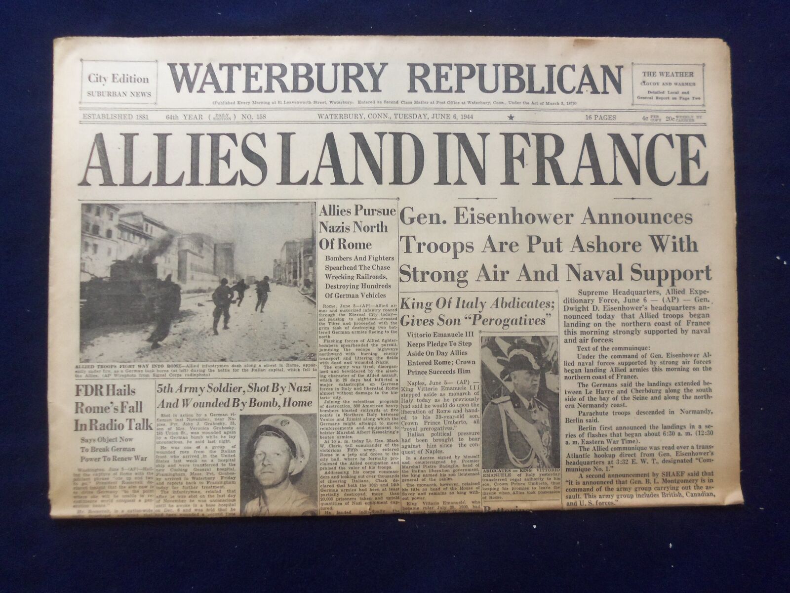 1944 JUNE 6 WATERBURY REPUBLICAN NEWSPAPER - ALLIES LAND IN FRANCE - NP 6464