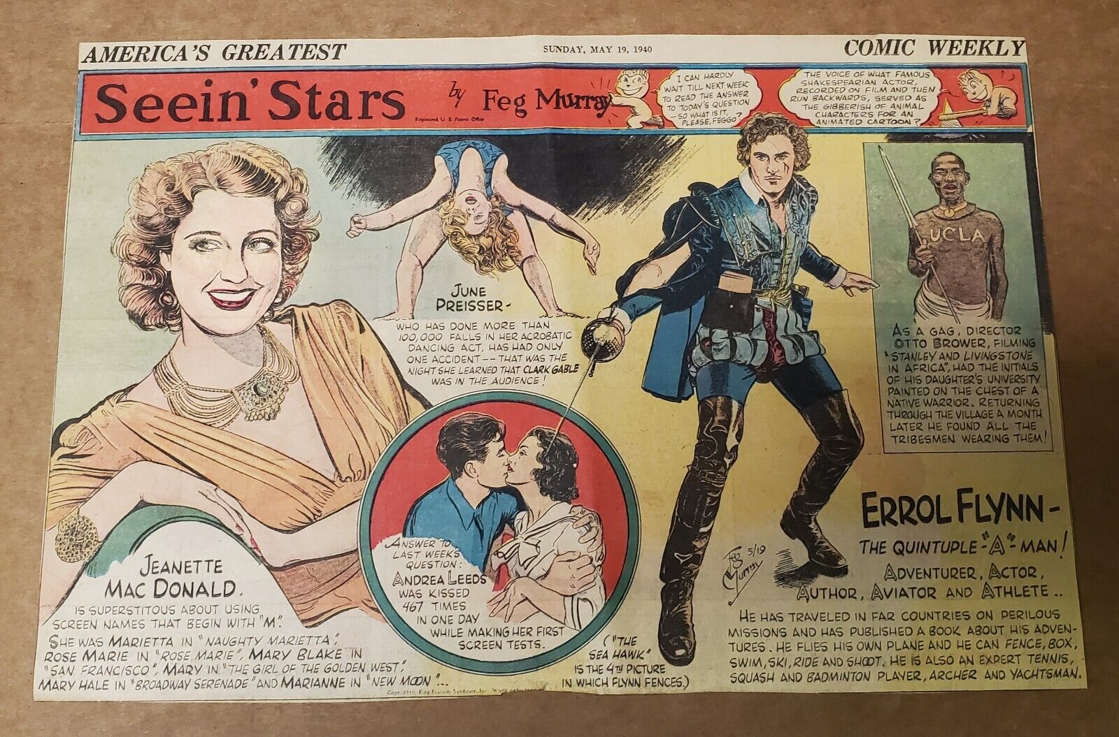 1940 Jeanette Mac Donald Errol Fynn  Seein\' Stars by Feg Murray Comic Strip