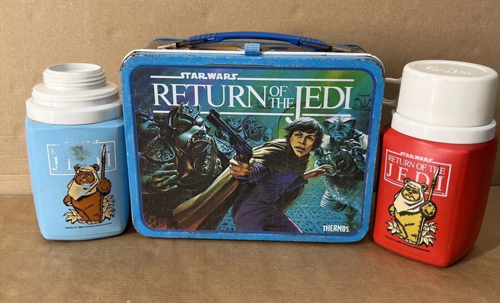 Vintage 1983 Star Wars Return of the Jedi Lunch Box W/  2 Ewok Thermos Lot Of 3