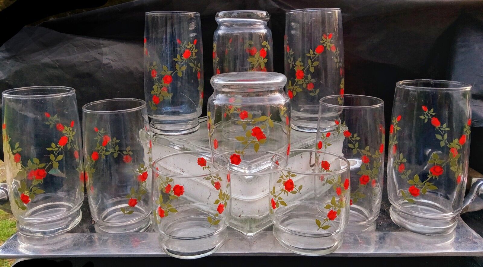 11pc LOT Water & Juice Vintage Anchor Hocking Glass Tumblers Climbing Red Roses 
