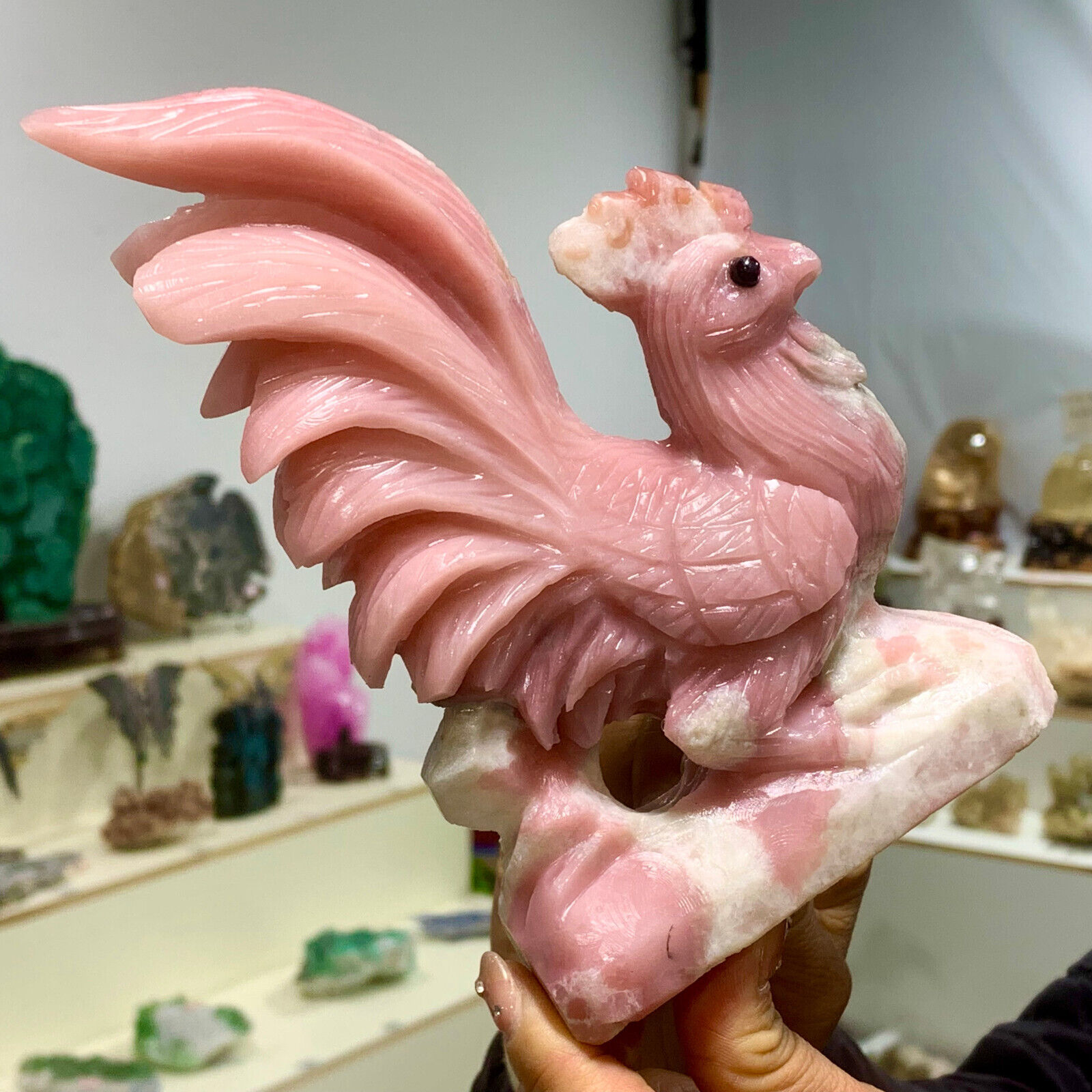 1.58LB  Natural Pink opal crystal hand- carved  cock sculpture cure