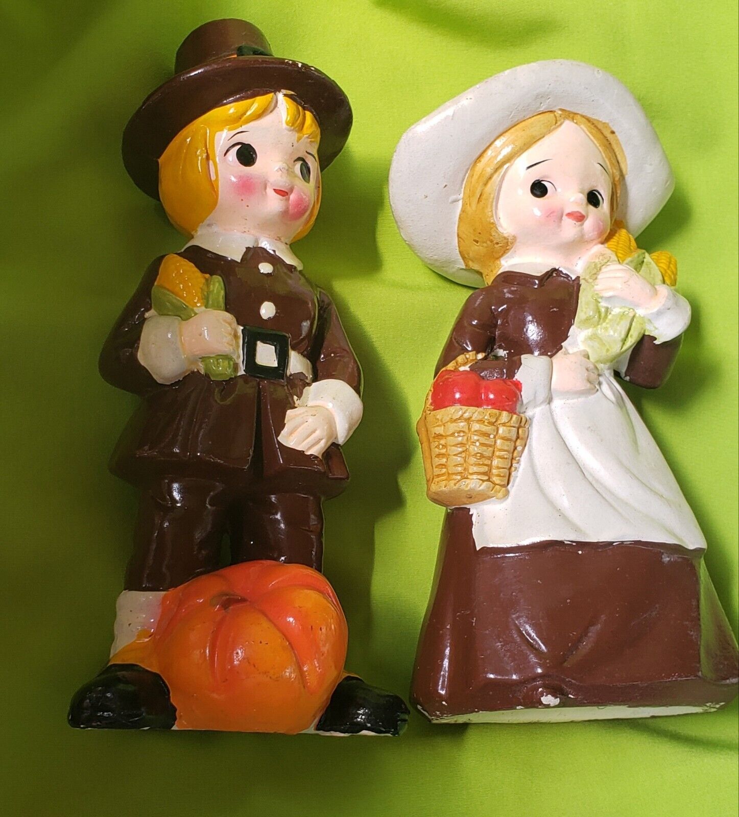 Vintage R B Boy & Girl Figurines Made in Japan Pilgrim Fall Thanksgiving Pumpkin