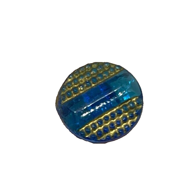 Vintage Transparent Blue Metallic Gold Round Plastic Shank Textured Button 8mm