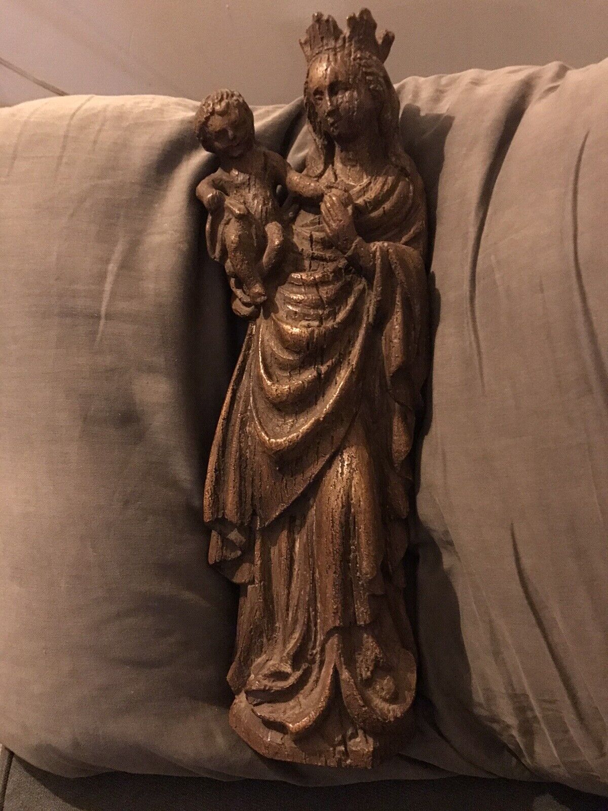 Antique Flanders wood carved madonna child figurine statue religious