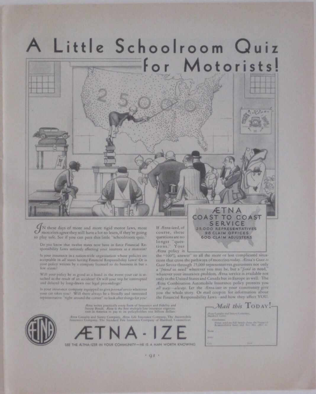 Vintage 1931 Charles Forbell Comic Cartoon Art AETNA Insurance Company Print Ad