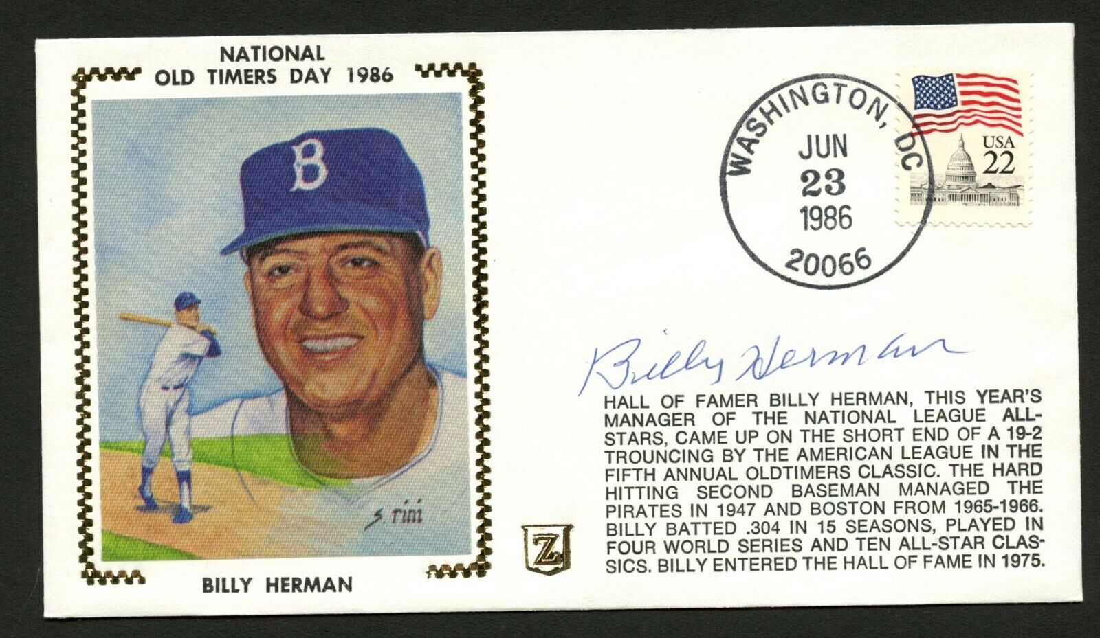 Billy Herman d1992 signed autograph postal cover American Baseball manager PC145