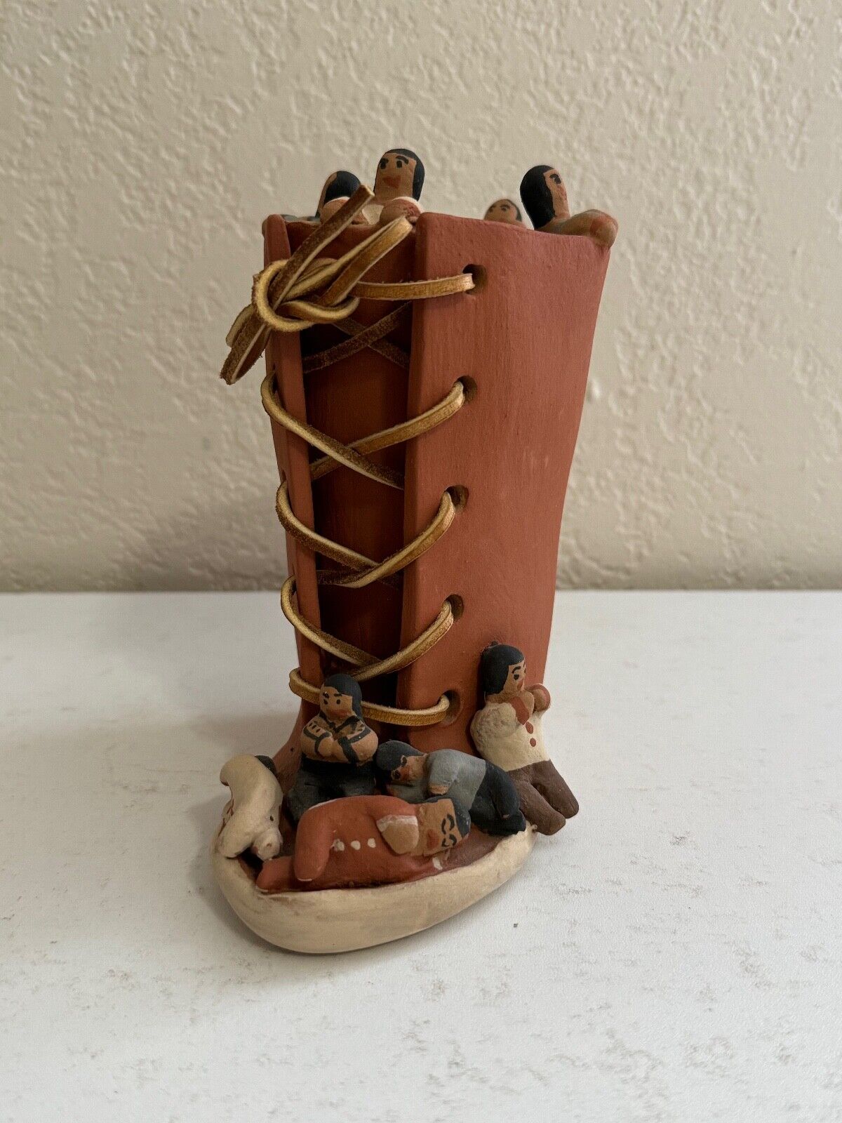Native American Jemez Pueblo Pottery Signed Storyteller Vase w/ Figures & Shoe