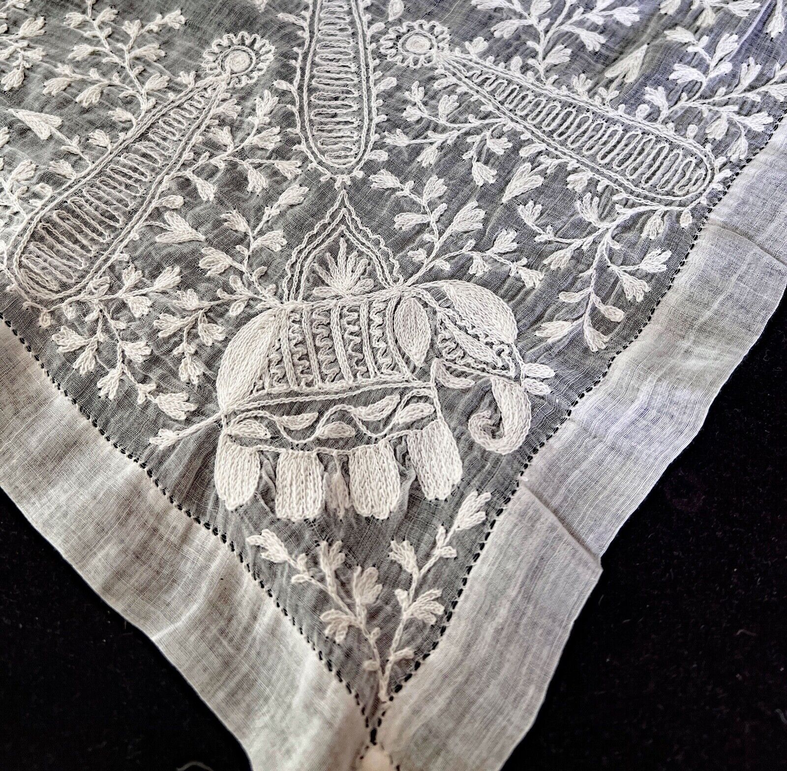 Vintage Tambour Embroidered Tablecloth Tea Cloth w/ Whitework Elephants XX952