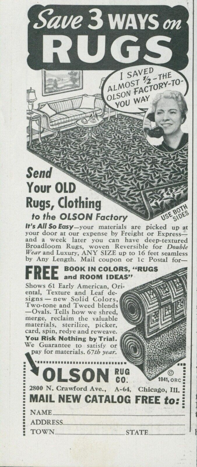 1941 Olson Rugs Save 3 Ways Use Both Sides Recycle Vintage Print Ad LHJ3