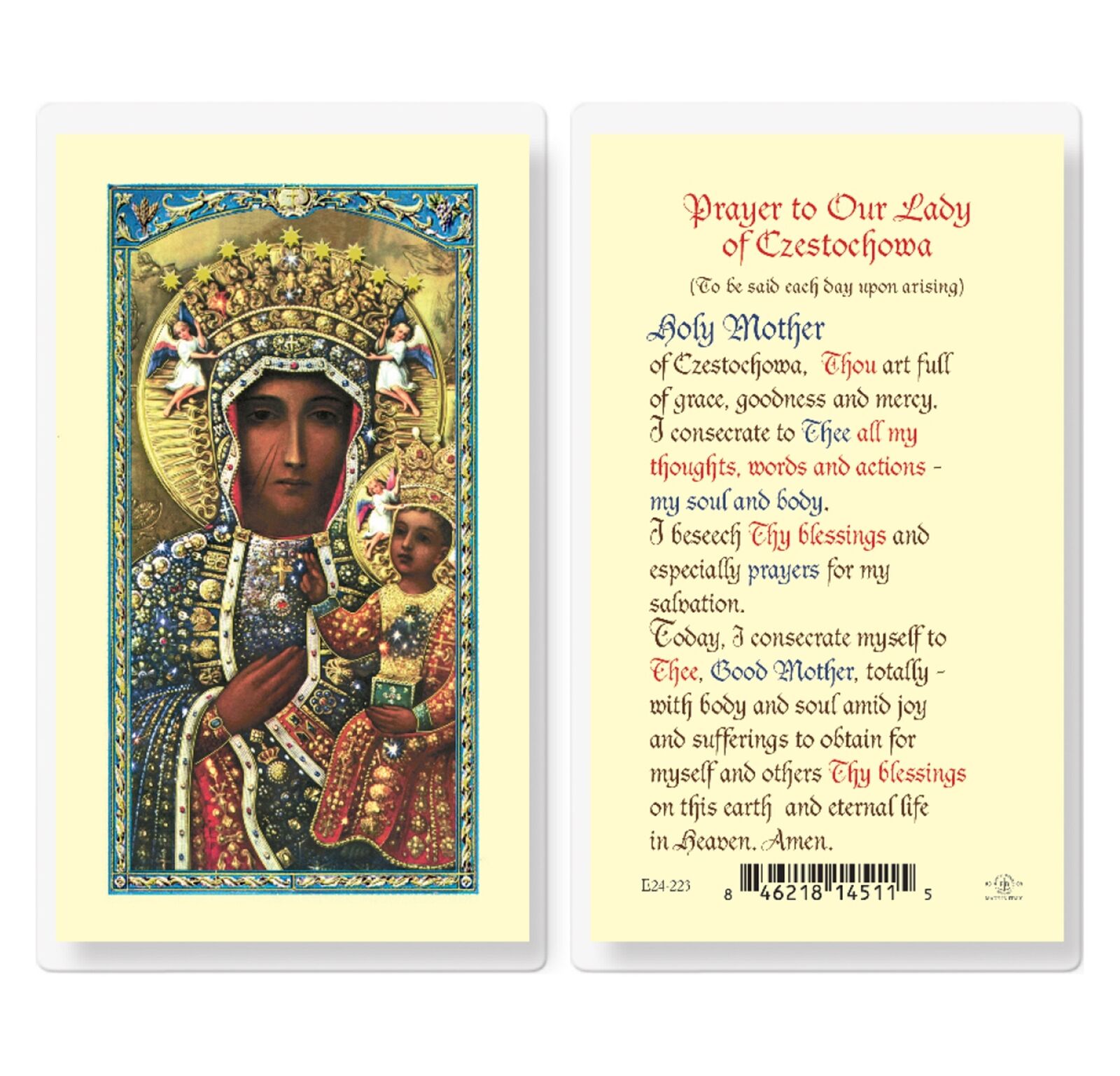 Our Lady of Czestochowa The Black Madonna Catholic Prayer Laminated Holy Card
