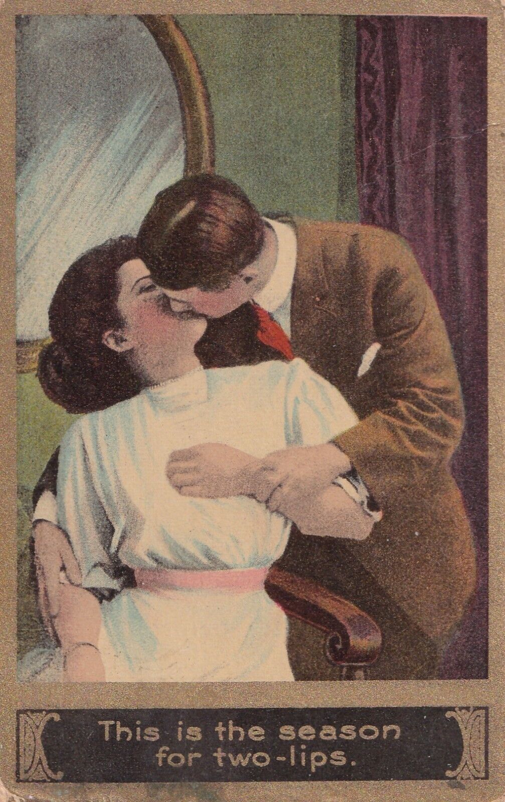 Antique Victorian Postcard Greeting Humor Love This Season For Two Lips 1911 A0