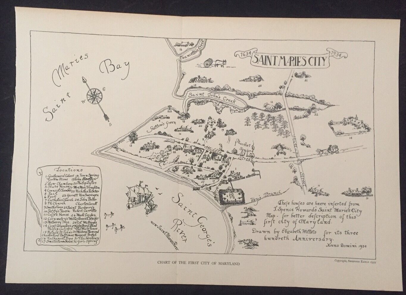 Original 1934 Tercentenary Pictorial Map of Saint Marie’s City Maryland