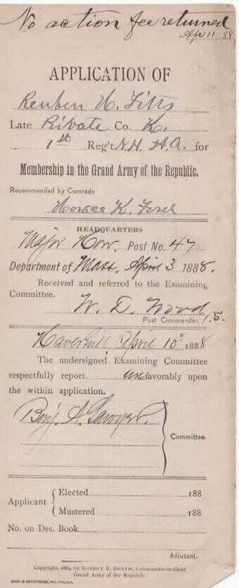 Grand Army of the Republic  Membership Application 1888 filled-out