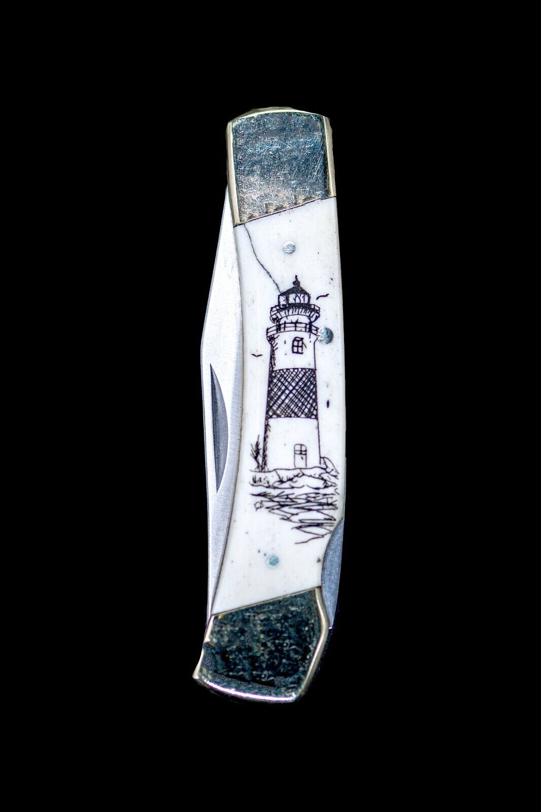Hand Etched Lighthouse Scrimshaw Collection on Bovine Bone Large Pocket Knife