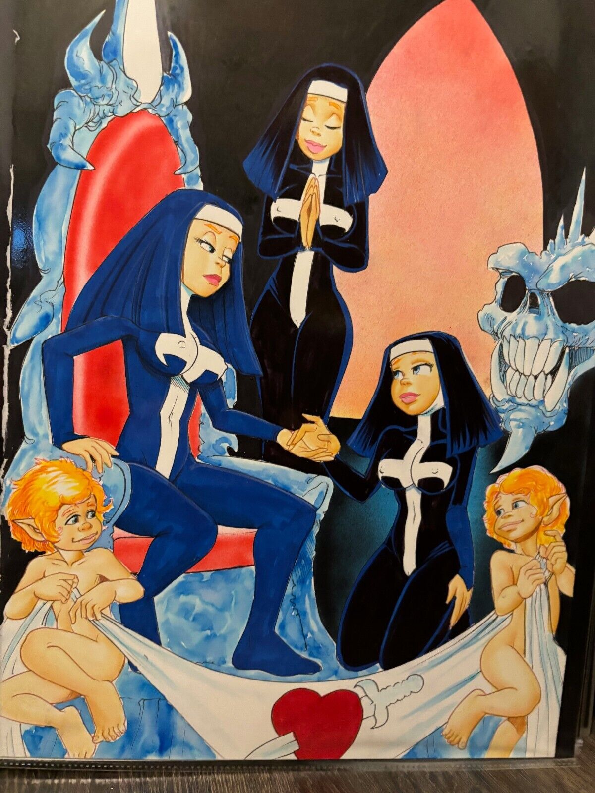 Comic artist Barry Blair original 12 x 16 painting - Sexy Warrior Nuns