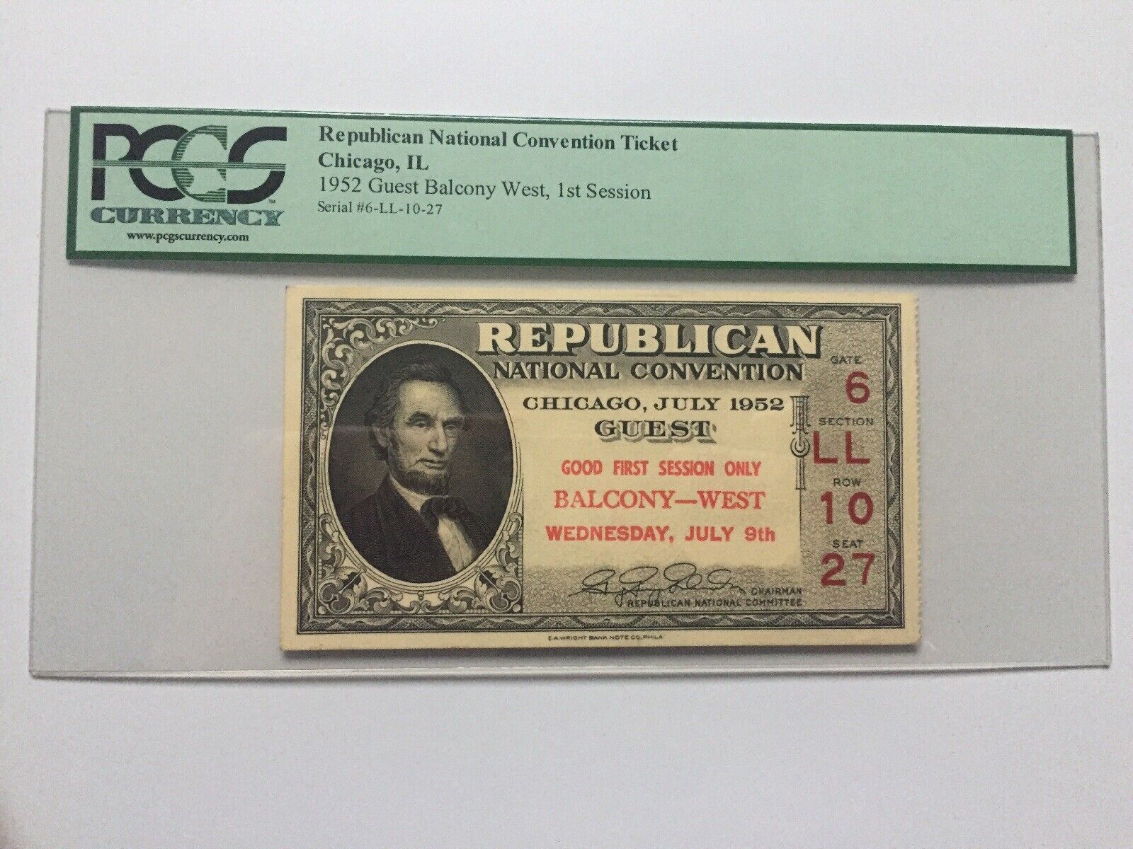 1952 Republican National Convention President Dwight Eisenhower Ticket Pass PCGS