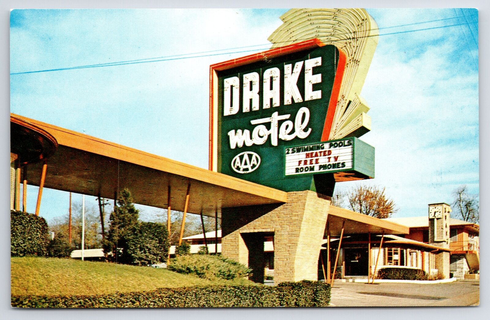 Nashville Tennessee~The Drake Motel~Portico~2 Pools~Clock Tower~c1960 Postcard