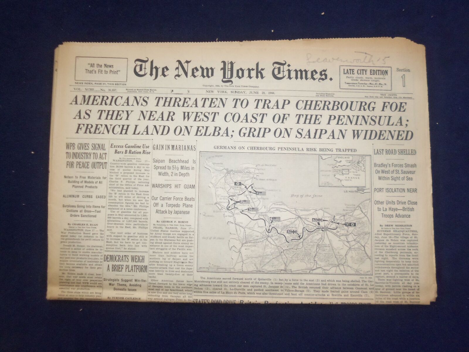 1944 JUNE 18 NEW YORK TIMES - AMERICANS THREATEN TO TRAP CHERBOURG FOE - NP 6571