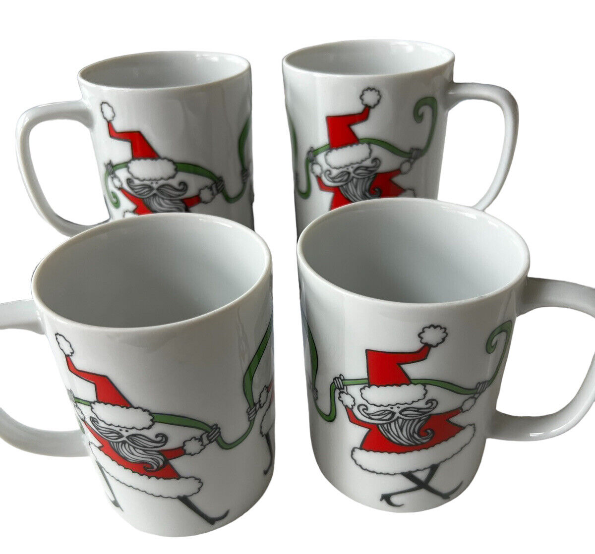 Fitz and Floyd Neiman Marcus 4 Vintage Christmas Coffee Cups Dancing Santas
