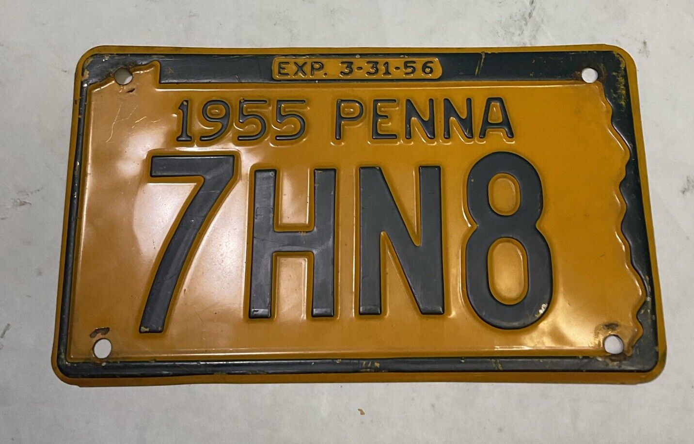 Vintage 1955 PENNA License Plate 7HN8 EXP. 3-31-56 Yellow With Blue