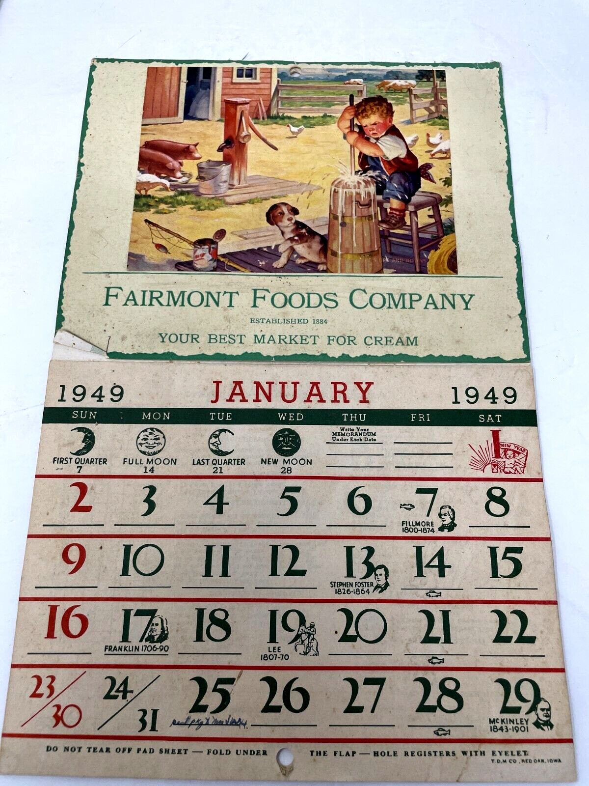 Vintage 1949 Fairmont Foods Company Creamery Calendar