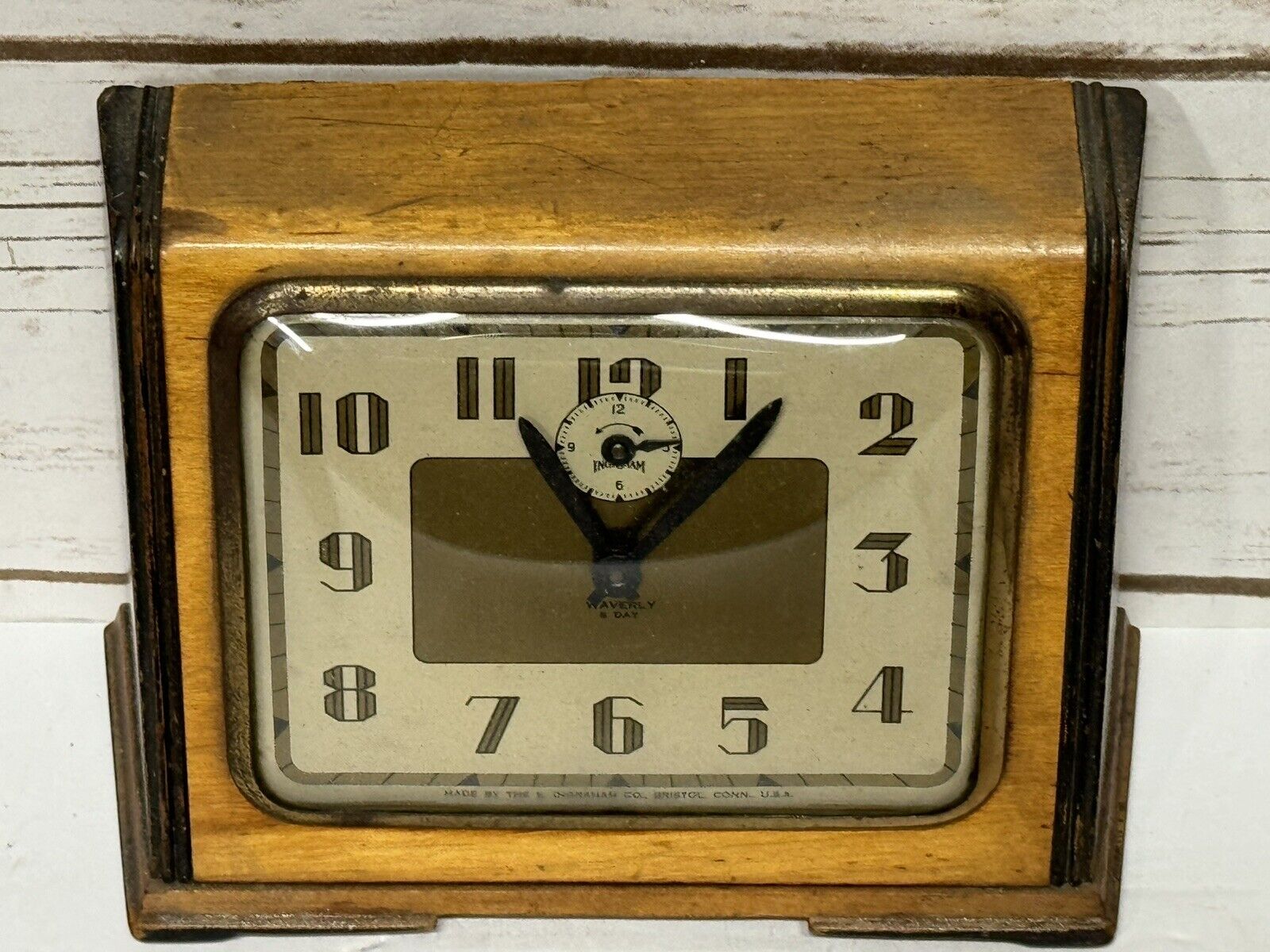 Vtg Art Deco E. Ingraham 8 Day Waverly Wood Case Wind Up Desk Clock