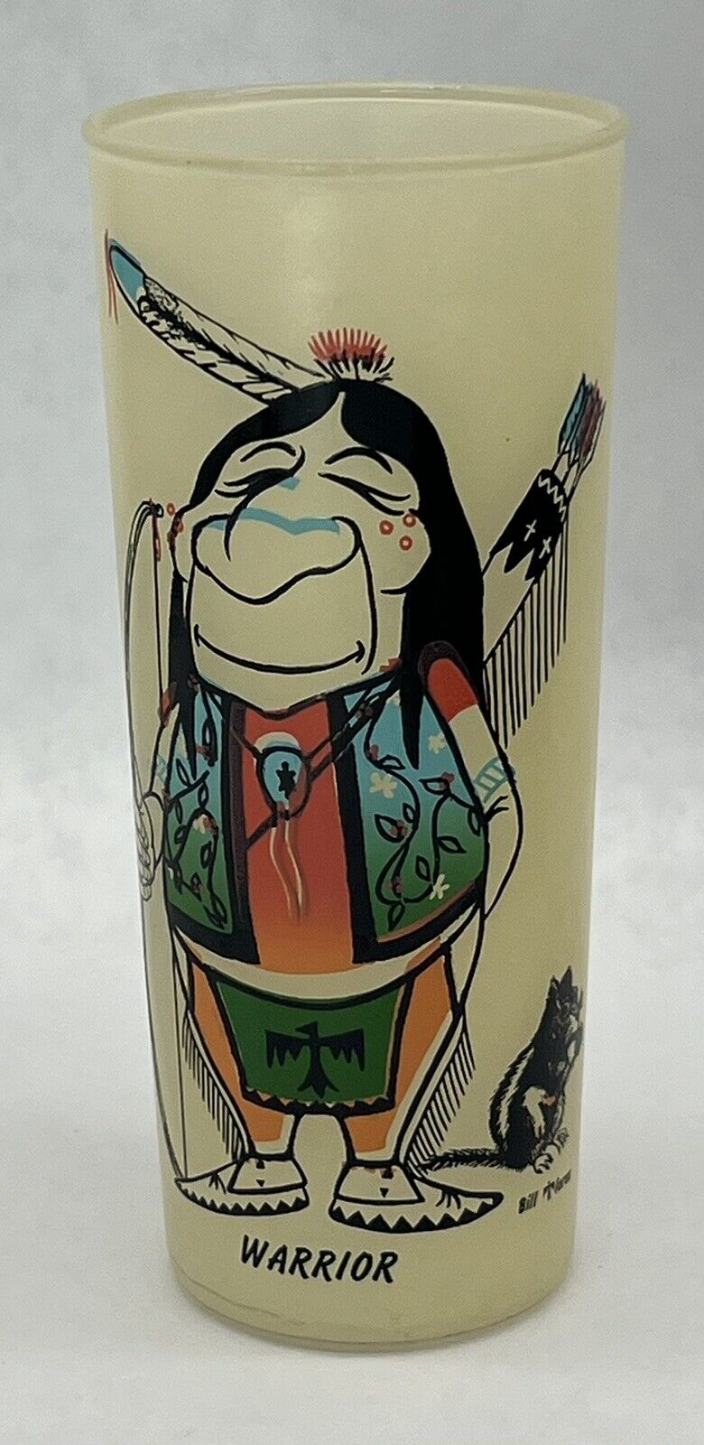 Vintage 1950's Bill Flores Native American Indian Warrior Frosted Glass Cup Mint