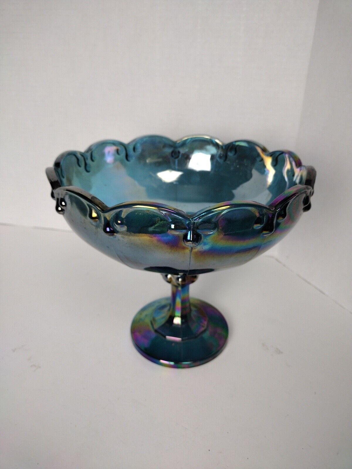 Vtg Blue Garland Indiana Carnival Glass Iridescent LG Compote Pedestal Bowl