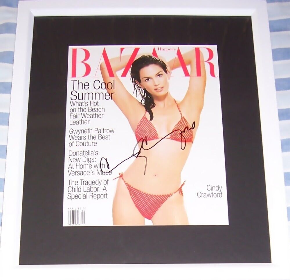 Cindy Crawford autographed signed sexy bikini Bazaar magazine cover framed (JSA)