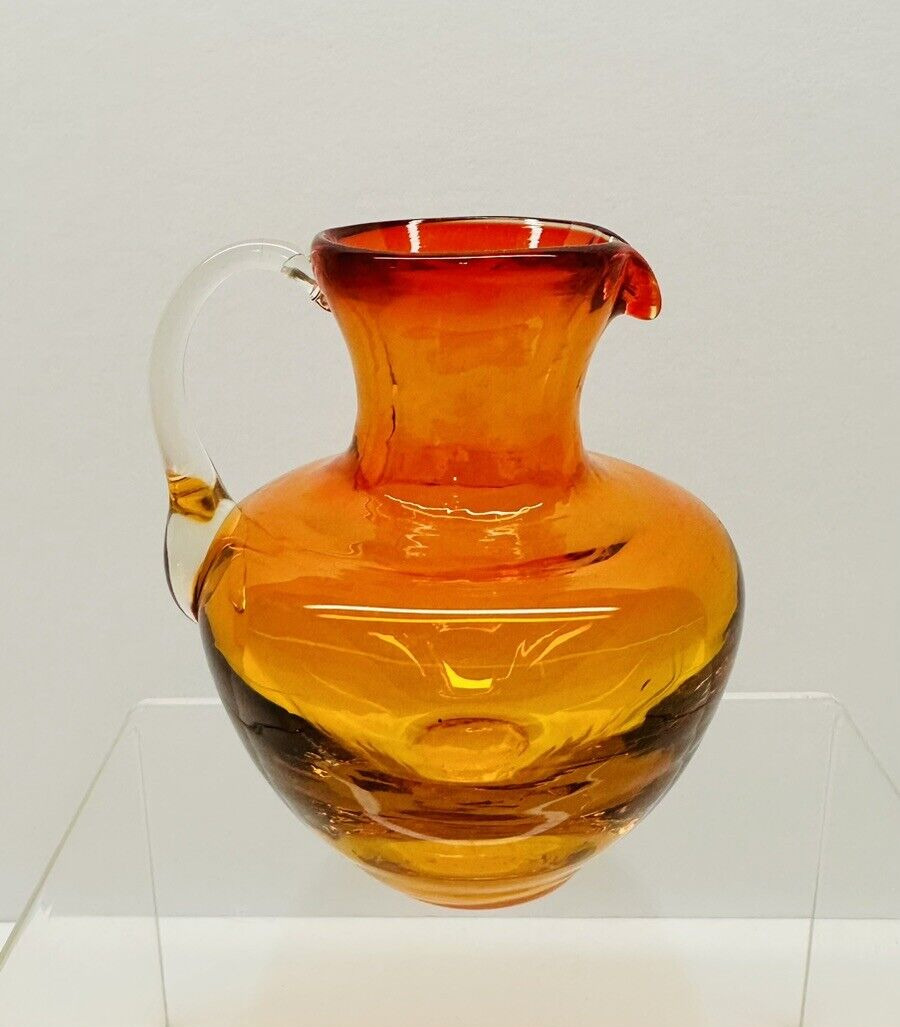 Vintage Hand Blown Miniature Orange Amberina Art Glass Pitcher 3.5\