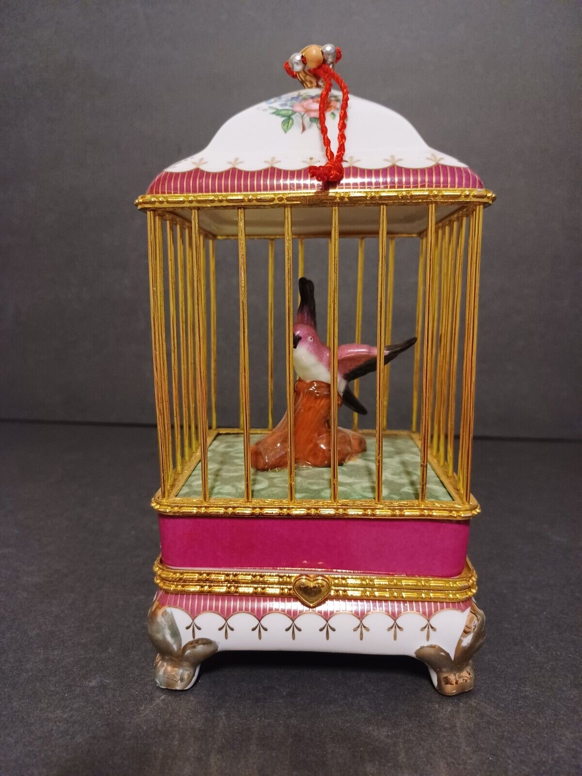 Vintage Birdcage Porcelain Birds Trinket Jewelry Box 8” Tall Flowers Gold Trim
