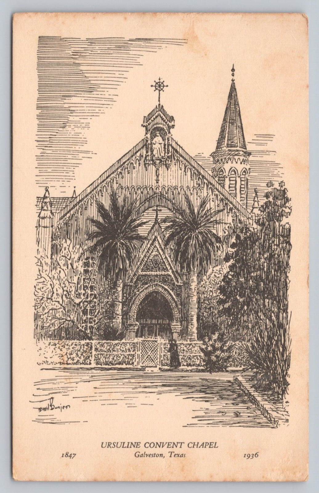 Postcard TX Galveston Ursuline Convent Chapel Sketch Art Drawing Rev Steyer I7