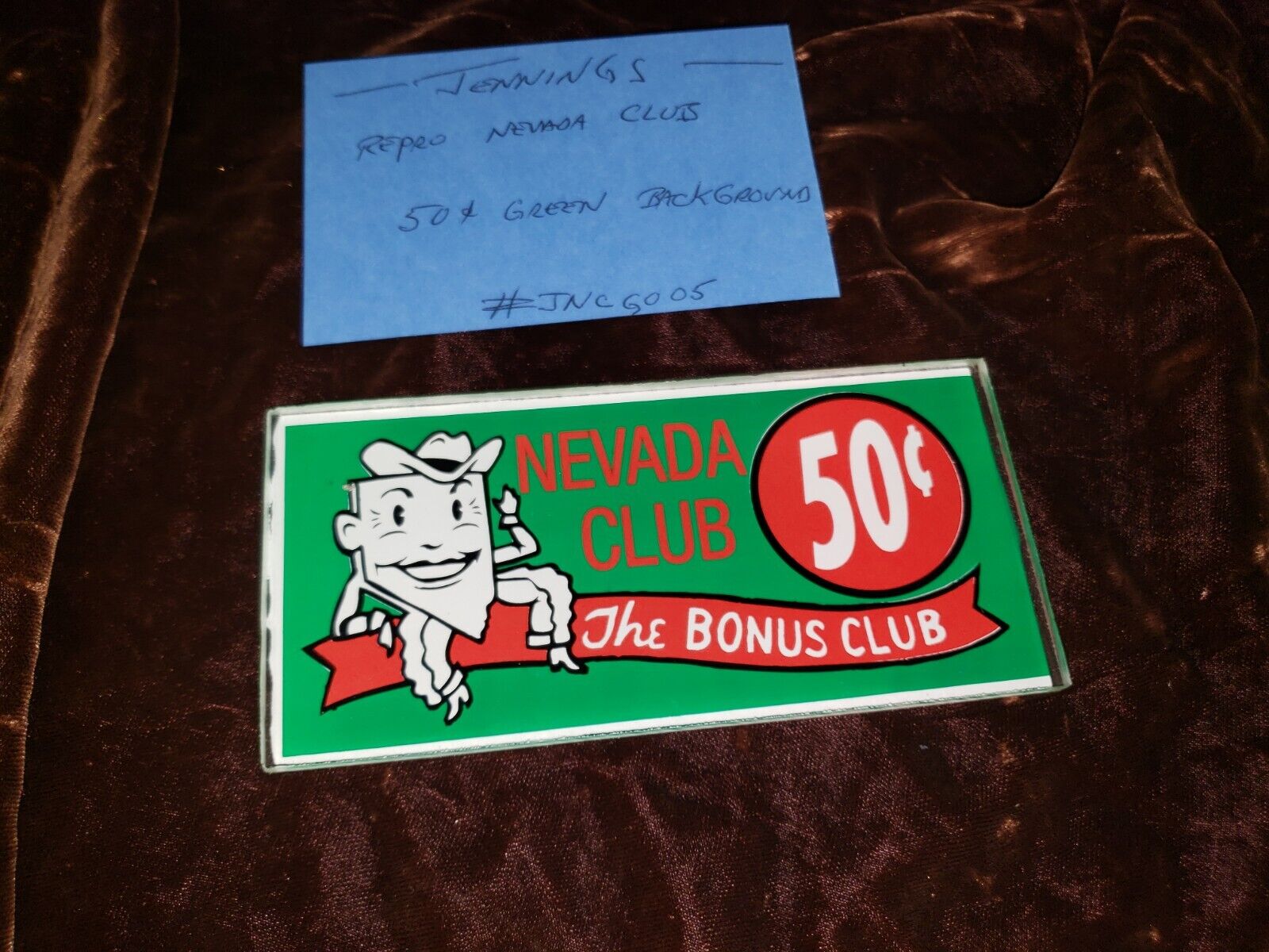 JENNINGS REPO PLASTIC GREEN NEVADA CLUB  50c TOP MARQUEE REPRO #JNCG005