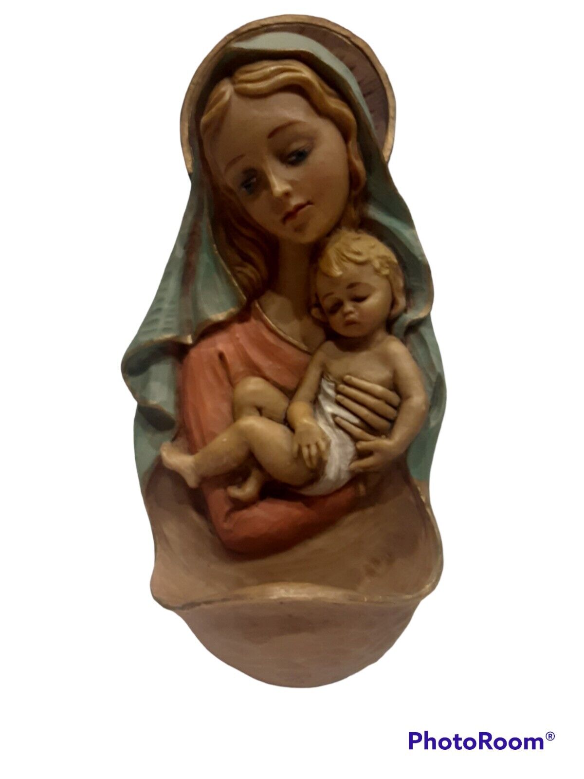 Madonna & Child Italy Resin Handpainted Wall Plaque Holy Water Font Vintage 9\